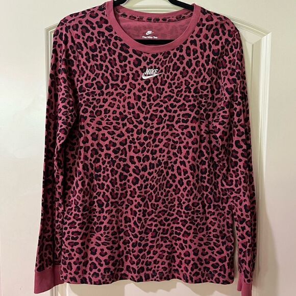 NIKE Long Sleeve Sportswear All Over Print Maroon Crew Leopard Shirt Size Large - Picture 2 of 6